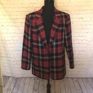 Vtg Requirements womens red navy tan plaid blazer